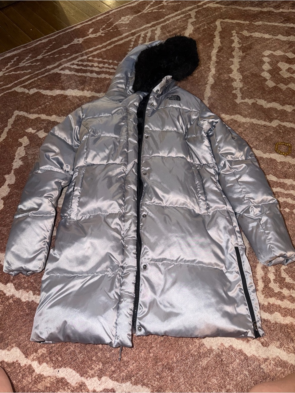 The North Face Silver Hooded Long Puffer Coat with Faux Fur Trim